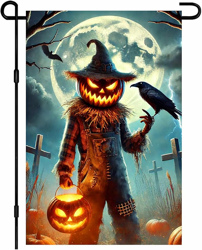 IVN Halloween Garden Flag Spooky Garden Flag 12x18 Inch Scary Jack-o-Lantern Scarecrow Raven Bat Full Moon Spooky Outdoor Decor Double Sided Fall Yard Home Porch Patio Decorations