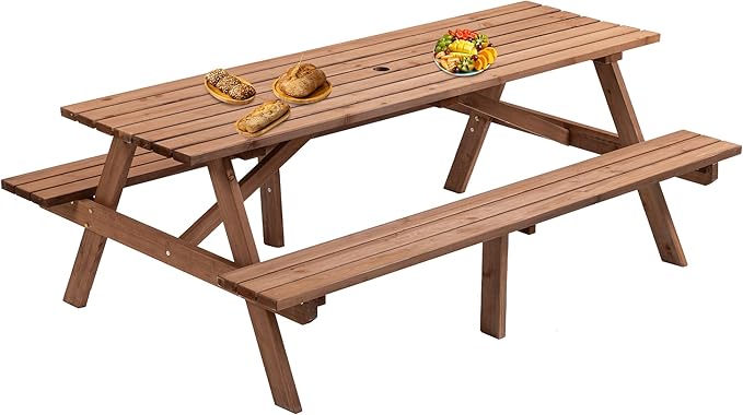 8-Person Wooden Picnic Table with 2 Built-in Benches, 75" L x 50" W Outdoor Dining Table, 2220lb Capacity Includes Umbrella Hole, Perfect for Backyard, Camping, Natural
