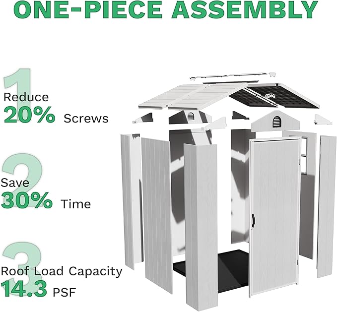 Greesum 4×4FT Plastic Outdoor Storage Shed with Floor, Resin Storaged Sheds with Lockable Door, Window & Vent, All-Weather Tool Sheds for Garden, Backyard, Patio, Light Gray (One-Piece Panel)