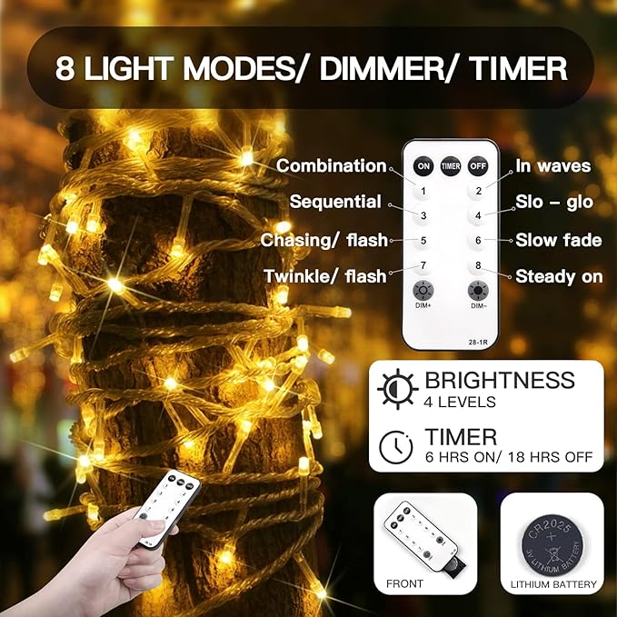 suddus 200 Led Connectable Christmas Lights Outdoor Waterproof, 66ft Fairy Lights Plug in with Remote, Warm White Christmas Tree Light Indoor for Xmas Holiday, Party, Porch, Patio, Garden Decor