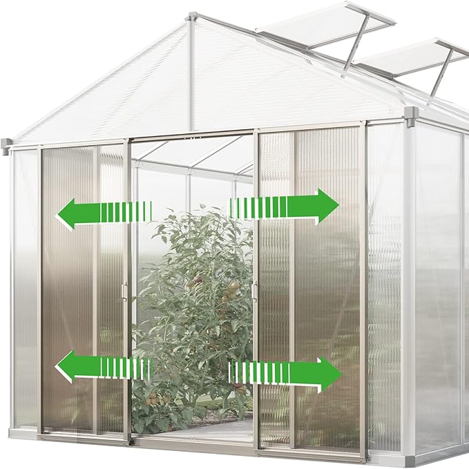 Greenhouse Rubin 7 Aluminum Frame 8.6 x 14.6 ft with Approx. 10 mm Polycarbonate Panels - with 2 Extra Skylights and 4 Automatic Window Openers