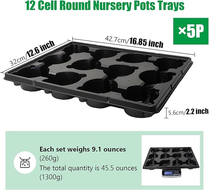 12 Cell Round Nursery Trays Thickened Durable Seedling Pots Shuttle Carrying Trays for Holding 4 inch Pots (16.85" 12.6", 5-Pack)