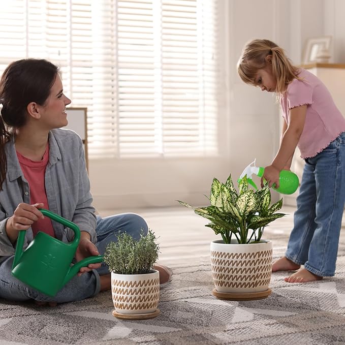 Ceramic Flower Pots Indoor-Outdoor: 7.75 Inch Large Planters with Drainage Holes & Saucer - Modern Decorative Plant Pots Ceramic for Home Gardeners (Wave)