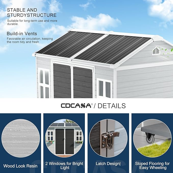 CDCASA 8x6 FT Resin Storage Shed, Waterproof Large Outdoor Sheds with Floor Included & Lockable Door & 2 Windows, Outside Plastic Tool Shed for Backyard, Patio, Poolside, Bike, Dove Grey