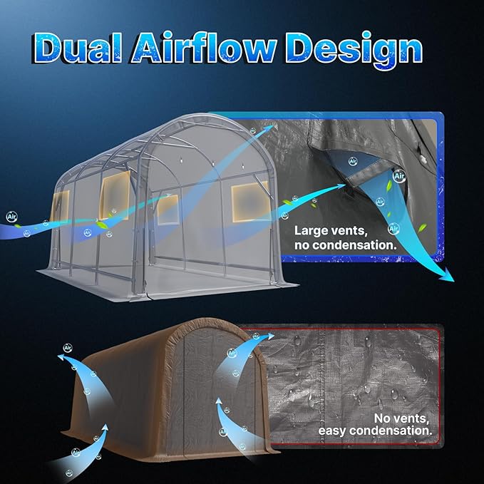 ADVANCE OUTDOOR 10x15 ft Shelter Storage Shed Steel Metal Round Peak Roof Portable Garage Carport for Motorcycle, Boat, or Garden Tools with 2 Roll up Doors & Vents, Gray