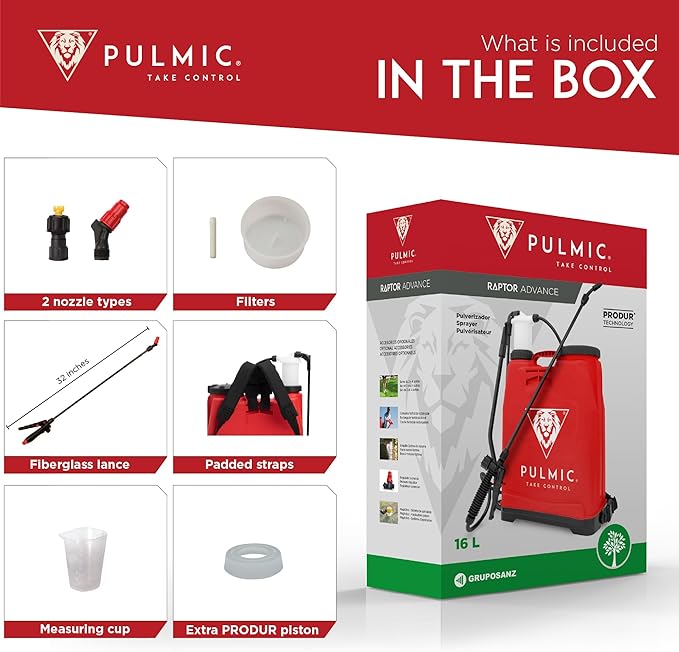 PULMIC Raptor 16 Professional Backpack Sprayer, Lawn and Garden Sprayer, Padded Shoulder Strap for Pests & Weeds, Watering, and Spraying Plants, Manual Pump with Lower Wear, 4 Gallon Backpack Sprayer