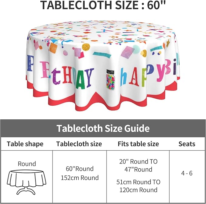 Giwawa Round Tablecloths 60 Inch Home Happy Birthday Tablecloth Colorful Dry No Wrinkles Birthday Party Supplies