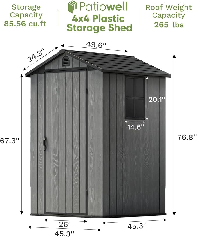 Patiowell 4 x 4 Plastic Outdoor Storage Shed with Floor, Resin Outside Tool Shed with Window and Lockable Door for Backyard Garden Patio Lawn, Deep Gray (Fit-it Shed)
