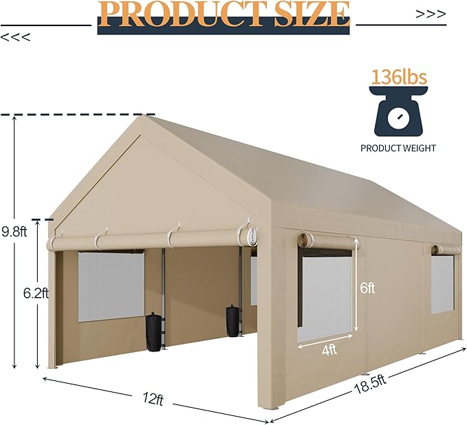 Shintenchi Carport 12' x 20' Heavy Duty Portable Garage, Car Port Canopy with Side-Opening Removable Door & Roll-Up Windows, Car Canopy for Truck,Car,Boat,Motorcycle,Khaki