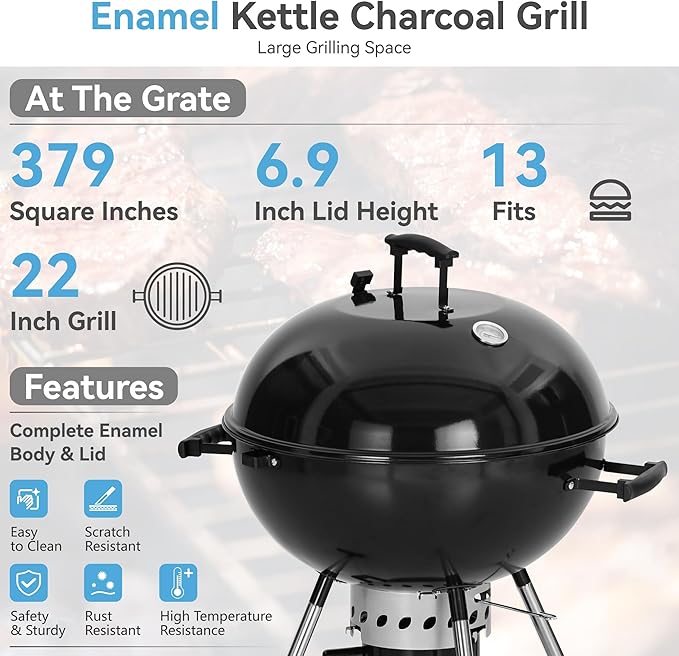 GREEN PARTY 22 inch Kettle Charcoal BBQ Grill with Wheels, Portable Charcoal Grill with Porcelain-Enameled Lid & Ash Catcher for Outdoor Cooking Barbecue Camping Picnics Tailgating, Black
