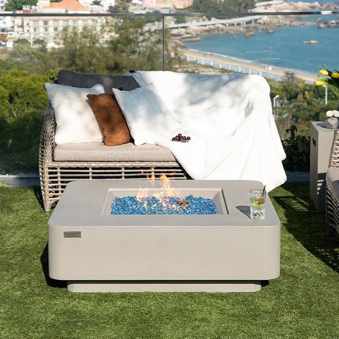 Lucerne Concrete Fire Pit 42".1 x 42 Outdoor Patio Firepit Includes Fire Glass Modern Fire Pits & Outdoor Fireplaces for Garden, Deck, Indoor & Outdoor Heating