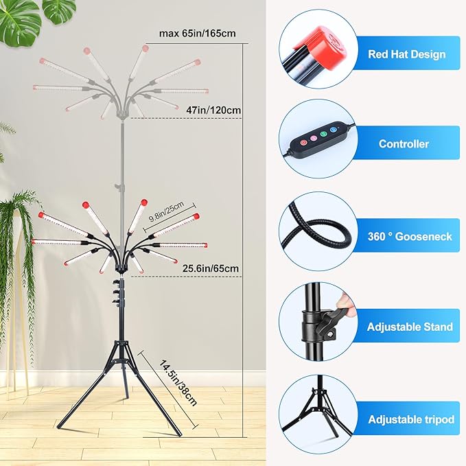 10-Head Grow Light with Stand and Timer, 90 Watt Power Home Plug LED Grow Lights for Indoor Plants for Tall Houseplants, Bonsai Tree, Seed Starting, 24"-64" Adjustable Height