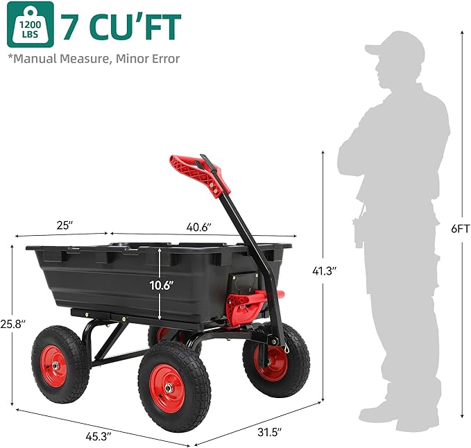 1200lbs Garden Dump Cart,7 Cu.Ft Utility Wagon Cart with Hitch,Heavy Duty Yard Dump Wagon Wheelbarrows with 13" All Terrain Wheels & 2-in-1 Handle,Tow Behind for Lawn Mower Tractor ATV