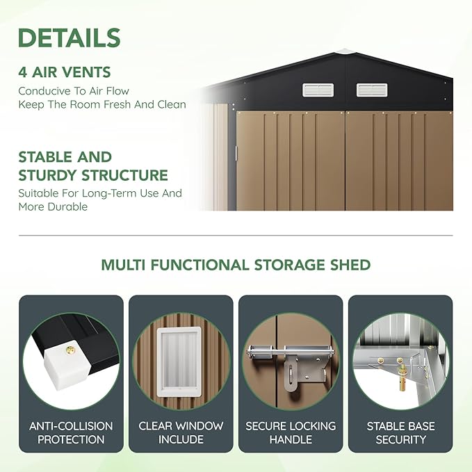 10X12X7.5 FT Outdoor Steel Storage Shed with Lockable Doors, 2 Windows, Transparent Roof Panels (Wood Panels & Frame Floor Not Included), Ideal for Patio Storage,Garbage Can, Chicken Coop，Brown