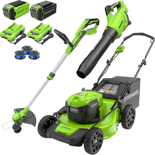 Greenworks 40V 20" Cordless Lawn Mower (Push), Axial Leaf Blower (500 CFM / 120 MPH),12" String Trimmer with 2 Batteries(5Ah+2Ah) and Chargers