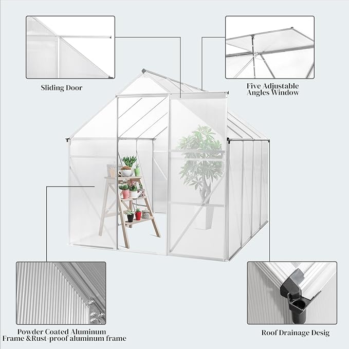 VINGLI 8x6 FT Greenhouse for Outdoors, Aluminum Large Polycarbonate Greenhouse with 5 Roof Vents for Outside Garden Backyard, Easy Setup, Silver