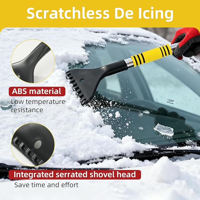 Telescoping Car Snow Brush & Ice Scraper - Detachable Handle, Extra Wide Bristles, Foam Grip - Portable Vehicle Snow Tool