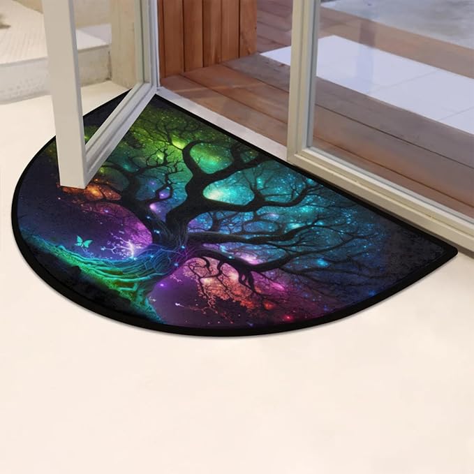 cfpolar Half Round Door Mat, Tree of Life Semi Circle Area Rug, Non Slip Area Rug Soft Doormat for Front Door Indoor Entrance Wear Half Moon Rug for Kitchen Bedroom Patio Fireplace 24 x 36 in