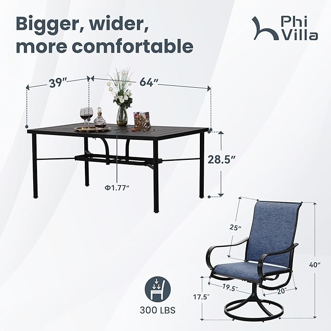 PHI VILLA 7 Piece Patio Dining Set, 6 Outdoor Swivel Patio Chairs & 1 Rectangular Large Metal Table (1.7" Umbrella Hole), All Weather Dining Furniture Set for Lawn Garden (Blue)