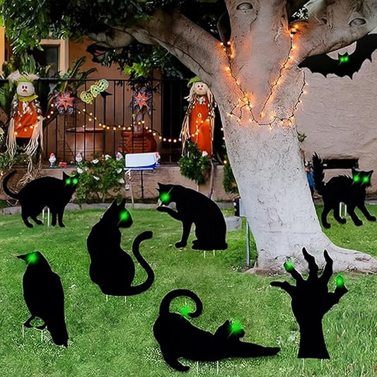 Blulu 8 Pcs Halloween Decorations Outdoor Black Cat Yard Signs with Stakes Scary Silhouette with Glow in The Dark Eyes Corrugated Plastic Waterproof Black Cat Decor for Garden Lawn Patio (Mixed)