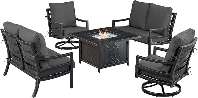 Oakland Living Black Aluminum Patio Fire Table Set with Two Deep Seating Loveseat with Cushions and Two Club Chairs with Black Cushions
