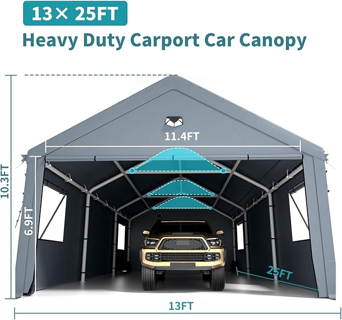 13x25FT Heavy Duty Carport Canopy,Extra Large Portable Car Tent Garage with Roll-up Windows and All-Season Tarp Cover,Removable Roof&Side Walls for Car,SUV,Boats&Truck Shelter Logic Storage