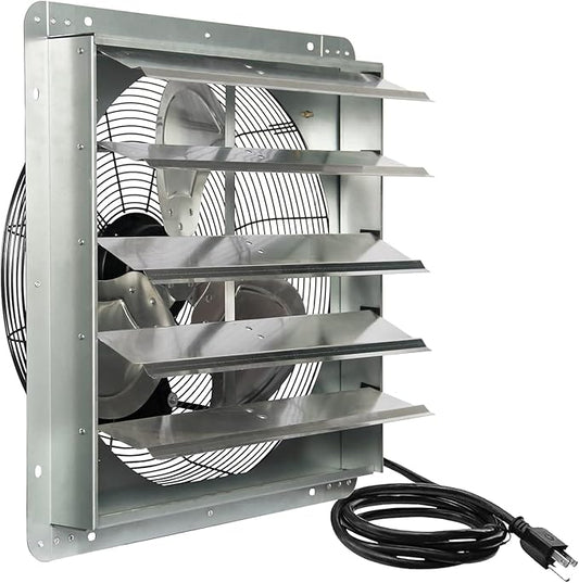 JVO 20 Inch Shutter Exhaust Fan 3500 CFM High Velocity 5.4 Ft Power Cord, Automatic Shutters, Steel Blades, ETL Listed - for Garage, Shop,Greenhouse, Attic, Workshop, Basement & Industrial Ventilation