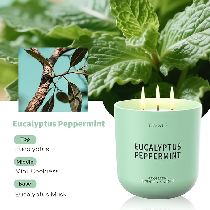 Eucalyptus Peppermint Scented Candle for Home, 14.2oz 80 Hours Long Lasting Aromatherapy Candles for Stress Relief & Energy, Non-Toxic Essential Oil & Soy Wax | Cooling Mint & Woody Aroma