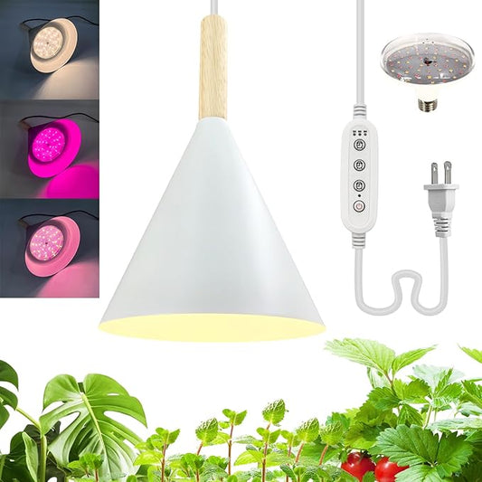 Hanging Grow Lights for Indoor Plants,Pendant Plant Lights for Indoor Growing,15W Full Spectrum, with Timer and 15FT Power Cord, Hanging Grow Light,Large Tall Plant Greenhouse (White)