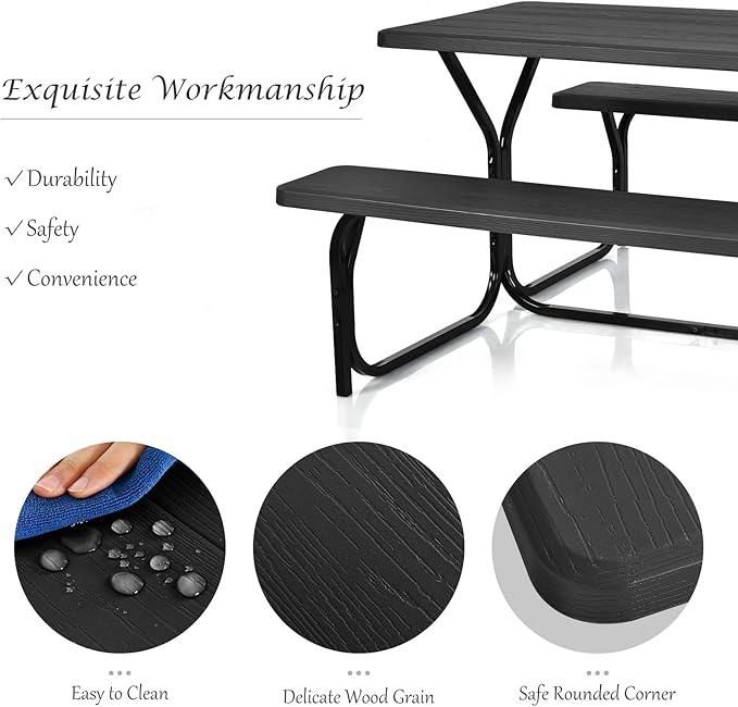 Giantex Picnic Bench Set Outdoor Camping All Weather Metal Base Wood-Like Texture Backyard Poolside Dining Party Garden Lawn Deck Large Picnic Tables for Adult (Black)