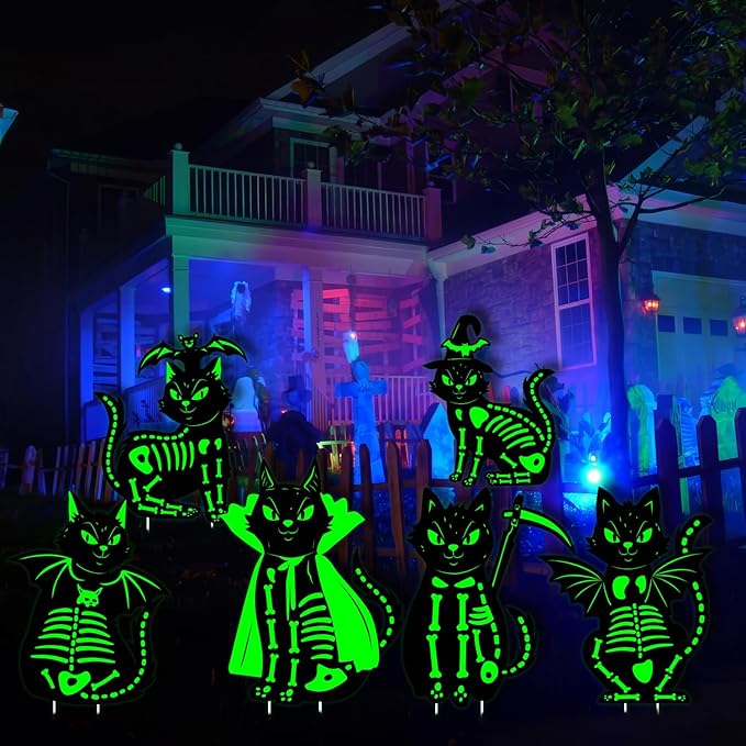 Outdoor Halloween Cat Decor, 6Pcs 16.5”×12.6” Glow in the Dark Black Cat Yard Stake, Waterproof Scary Porch Graveyard Decoration with Light-Up Effect, Suitable for Garden, Party and Home Decor