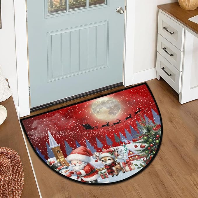 Christmas Half Round Door Mat, Merry Christmas Snow Scene Santa Elk Semicircle Door Mats, Non Slip Area Rug Soft Doormat for Indoor Entrance Wear Resistant Welcome Mat for Garage Patio Home 24 x 36 In