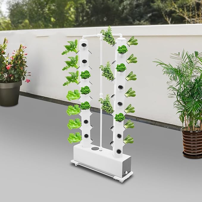 Hydroponic Growing Kit, Vertical Vegetable Planter Tower Hydroponic Germination Tower with 56 Planting Holes and 4 Wheels, 30L/7.93Gal Indoor Outdoor Garden Hydroponics Growing Tower System