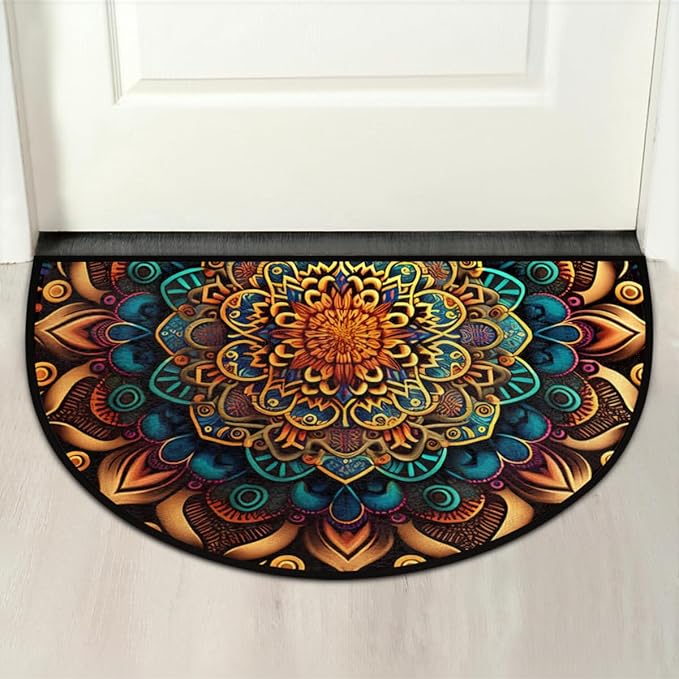 Mandala Half Round Door Mat, Ethnic Mandala Floral Semicircle Door Mats, Non Slip Area Rug Soft Doormat for Front Door Indoor Entrance Wear Resistant Welcome Mat for Garage Patio Home Decor 24 x 36 In