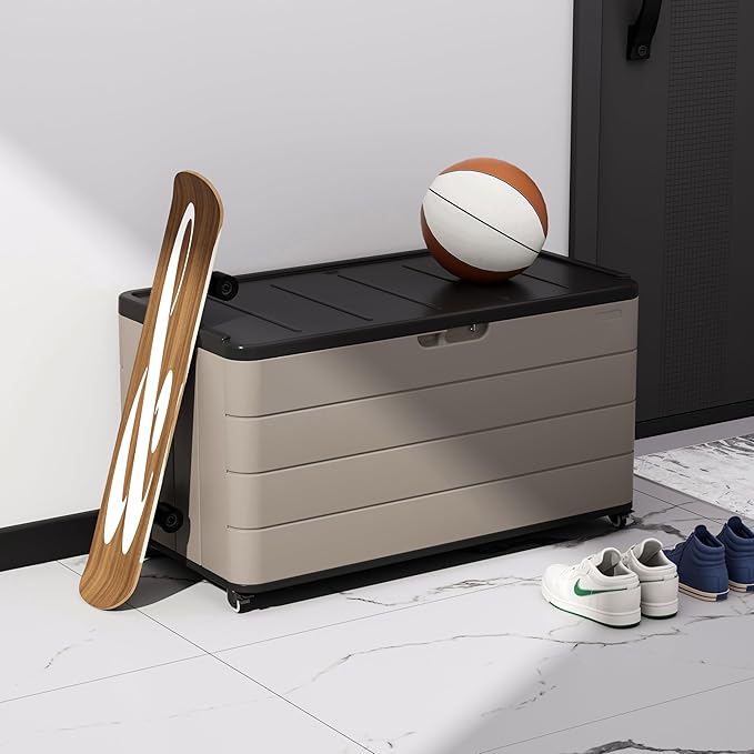 ZZM 110 Gallon Outdoor Deck Box with Wheels, Waterproof Resin Storage Cabinet for Patio Cushion and Tools, Lockable Storage Box, Coffee