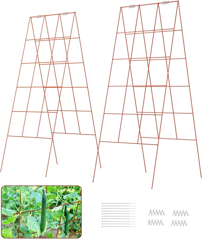 DOEWORKS Cucumber Trellis, 48" High Foldable A Frame Garden Trellis, 2 Pack, Plant Support for Climbing Cucumber, Beans, Tomatoes, Flowers, Red