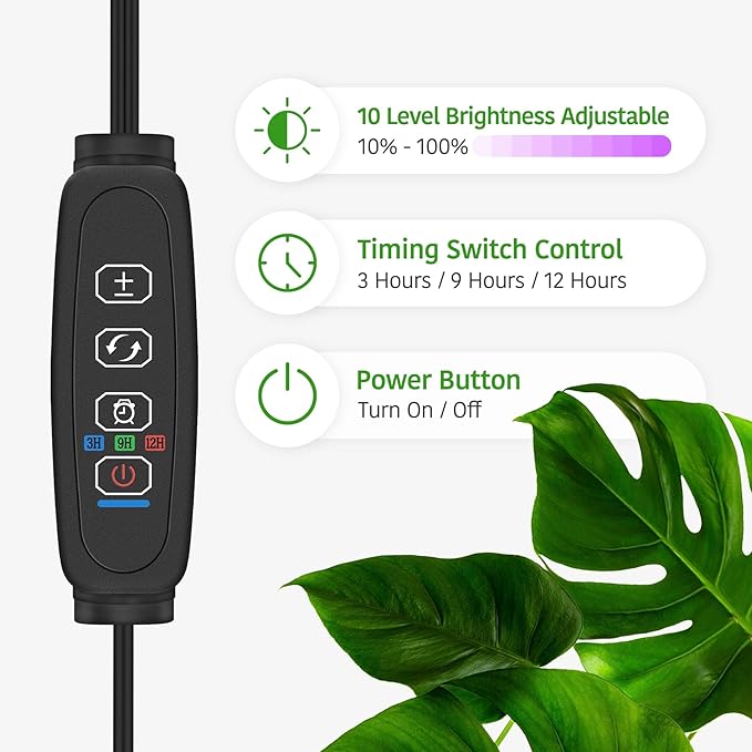 Clip Grow Light for Indoor Plants, Red Blue Spectrum Plant Growing Lamp with 3 Switch Modes,10-Level Dimmable,Auto ON & Off,3/9/12H Timer,Adjustable Gooseneck,580 Lumen,Input Volateg 5W