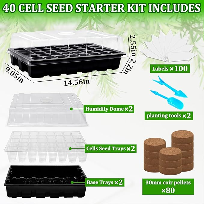 Halatool 2 Pack 80 Cells Seed Starter Trays with 80 PCS Coco Pellets, Black Seedling Starter Kit for Seedlings, Organic Seed Starting Soil Pods for Plant Germination, Planting Vegetables Flowers Seeds