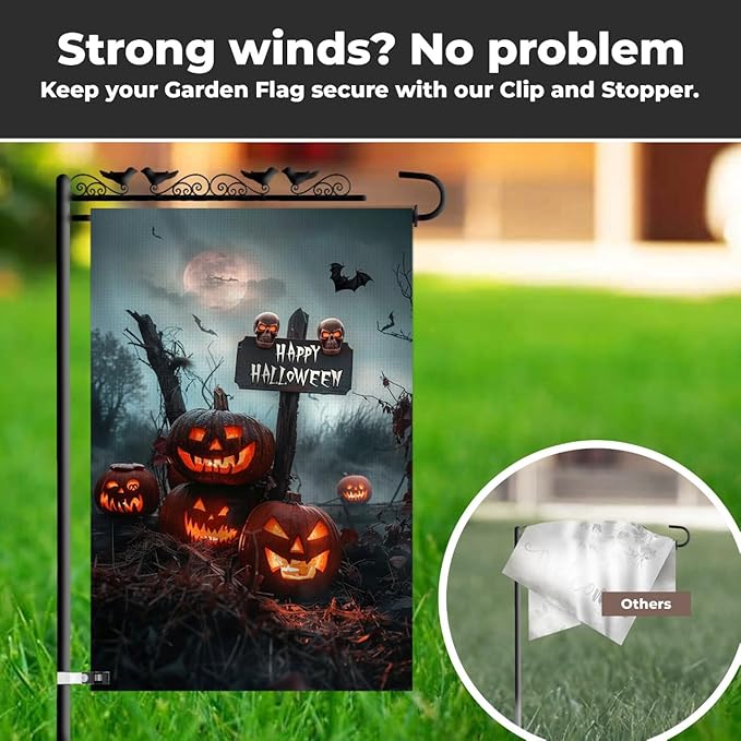 Happy Halloween Garden Flag 12x18 – Double Sided Burlap Fall Outdoor Flag with Jack-o'-Lanterns, Skulls, Bats & Graveyard Scene