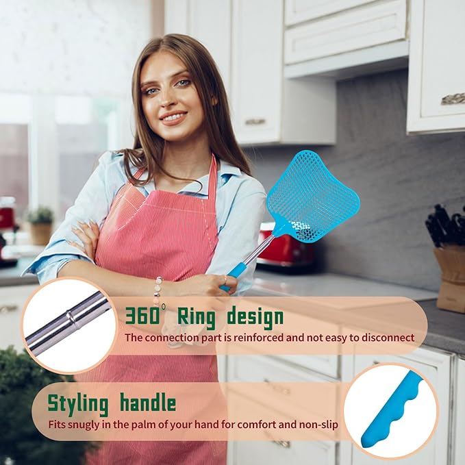 Fly Swatters 2 Pack, Durable Telescopic Stainless Steel Handle, Heavy Duty Blue Bug Zapper Racket, Upgraded Plastic Fly Swatter Set for Indoor Outdoor Home Hiking Camping Garden