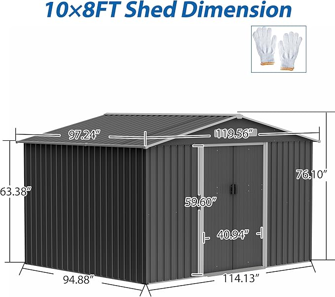 10X8 FT Outdoor Storage Shed, All Weather Metal Sheds with Lockable Doors, Tool Shed for Garden, Patio, Backyard, Lawn (Grey with Floor Frame, 10x8ft)