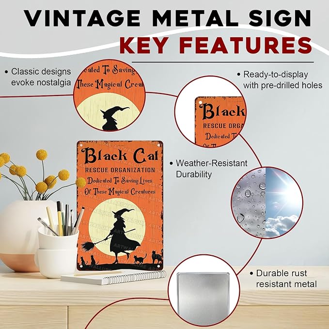 Black Cats Rescue Halloween Decor Vintage Metal Tin Sign Rustic Wall Art Gothic Home Decor Tin Plaque Retro Metal Poster for Bar Cafe 8x12inch