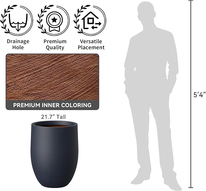 Kante 21.7 Inch Tall Concrete Planter, Large Indoor Outdoor Plant Pot with Drainage, Smooth Charcoal Finish with Warm Brown Interior, Ideal for Porch, Home, Garden, Patio