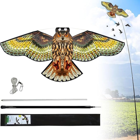 Bird Hawk Flying Kite with Pole Crop Protector Bird Scare Kites with 4m Pole - Owl Kite