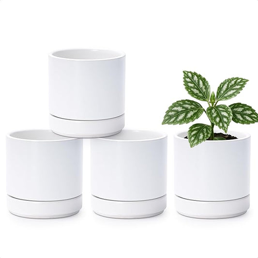 D'vine Dev Set of 4 Small Ceramic Plant Pots, 4.7 Inch Succulent Planter Pot for Plants with Drainage Hole and Saucer, White, 94-X-B-1