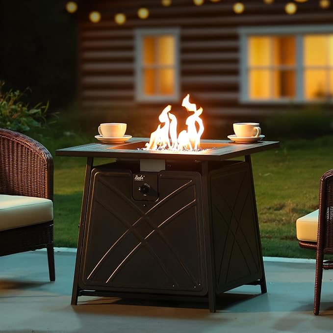 BALI OUTDOORS Gas FirePit Table, 28 inch 50,000 BTU Square Outdoor Propane Fire Pit Table with Lid and Blue Fire Glass