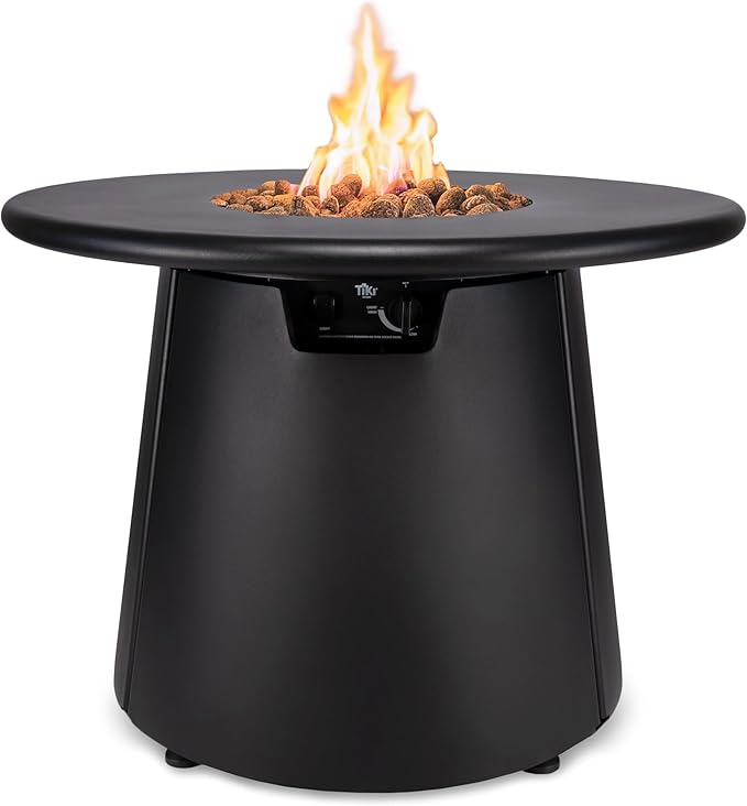 TIKI Brand Customizable Propane Fire Pit with Tabletop, 40,000 BTU 28.5" Outdoor Gas Fire Pit Table, Includes Round Tabletop Attachment and Lava Rocks, Black