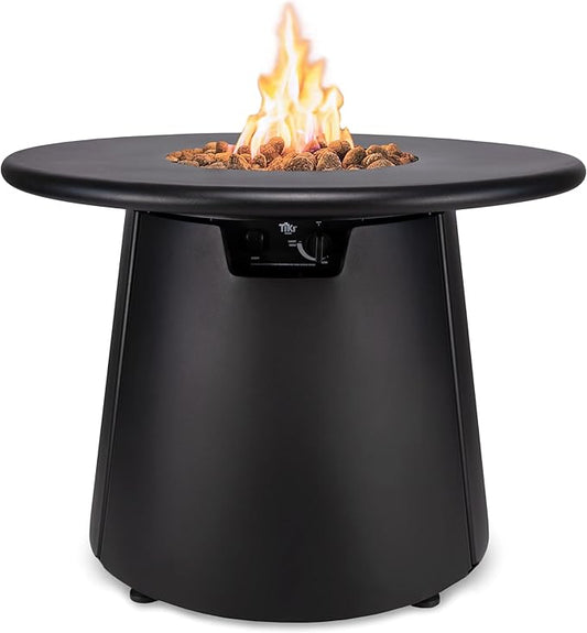 TIKI Brand Customizable Propane Fire Pit with Tabletop, 40,000 BTU 28.5" Outdoor Gas Fire Pit Table, Includes Round Tabletop Attachment and Lava Rocks, Black