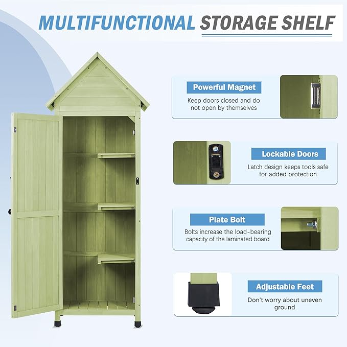 Wooden Outdoor Storage Cabinet,Tall Vertical Garden Tool Shed with Waterproof Metal Roof & Adjustable Feet – Perfect for Yard, Patio, Lawn & Deck (Green, 22" x 26" x 67")