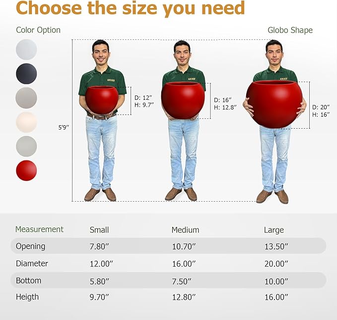 Globo Large Fiberstone Plant Pot, Large Planters for Indoor Plants, Outdoor Planters for Porch (Red, 12" D x 9.7" H)